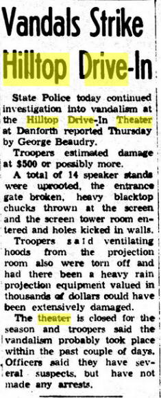 Hilltop Drive-In Theatre - 1966 Vandalism Report